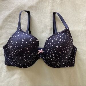 VICTORIA'S SECRET PERFECT COVERAGE LINED BRA, SZ-34D, BLACK w/WHITE HEARTS